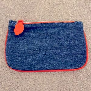 NWOT - IPSY - Denim Cosmetic Bag/Clutch with orange lining & zipper 7X4”